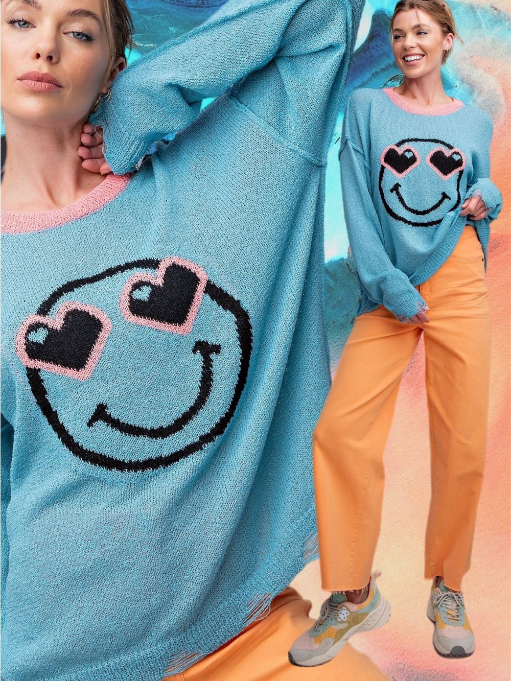 Easel | Delulu For The Plot Distressed Smiley Sweater Heart Eyes Blue New Medium